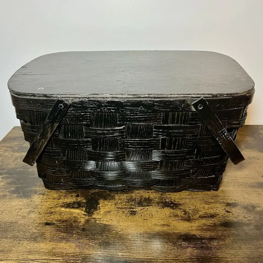 Vintage Woven Wood Picnic Basket w Lid Black Farmhouse Rustic Storage Basket